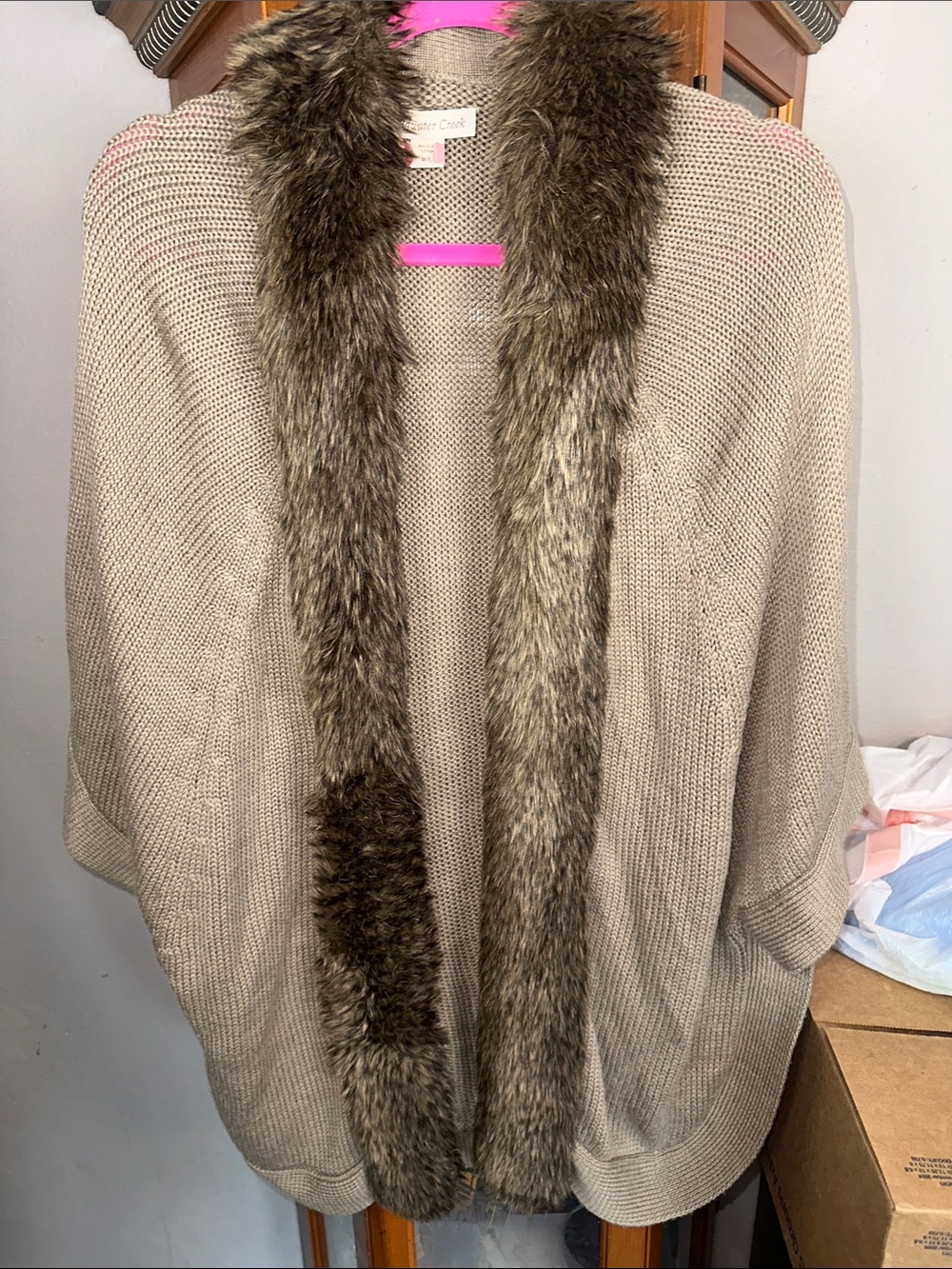 Coldwater Creek Taupe Knit Open-Front Cardigan with Faux Fur Trim